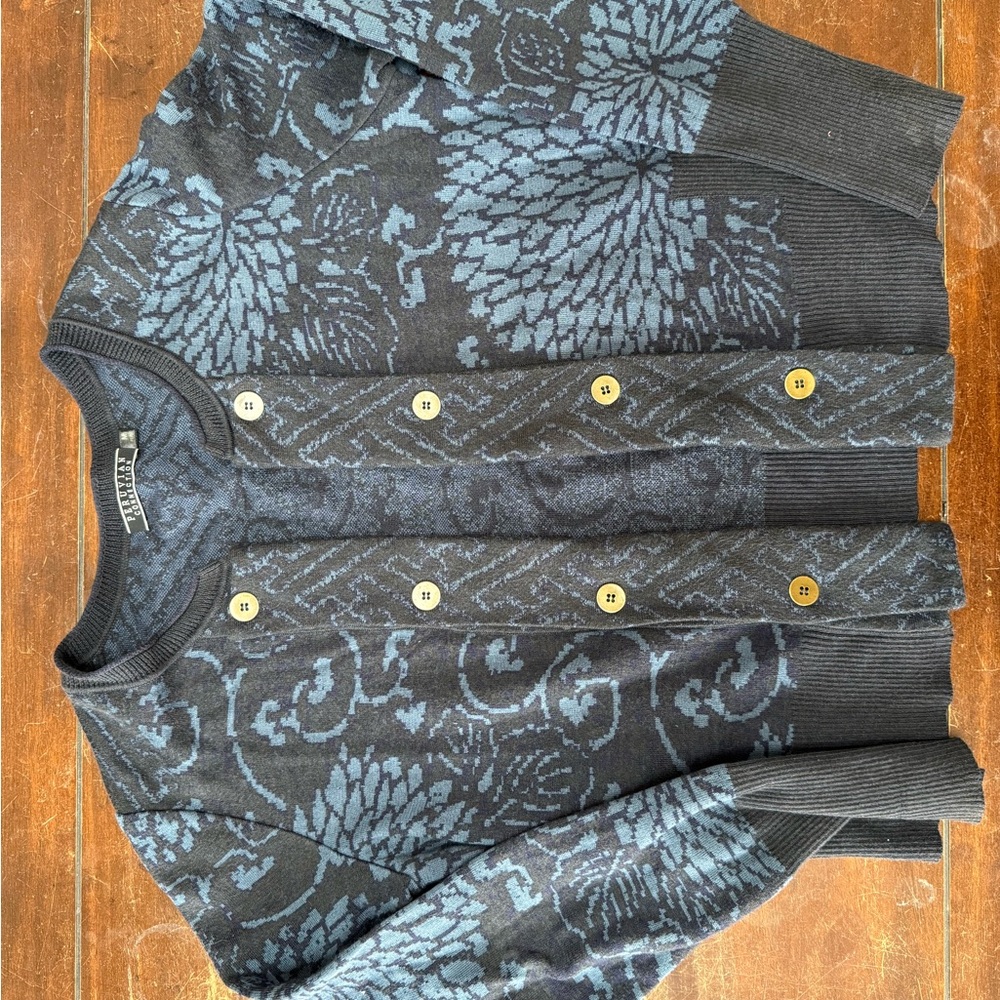 Floral Pattern Button Cardigan - Black & Blue